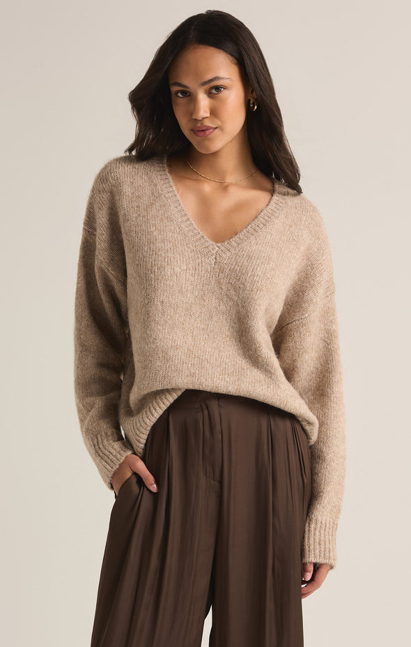 z supply all i want v-neck sweater heather taupe relaxed fit v-neckline mohair soft sweater slouchy basic fall winter sweater