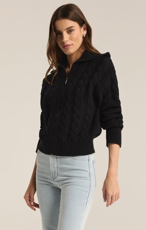 z supply hemingway cable cardigan black collared long sleeve zip front midweight cable knit chunky cardigan