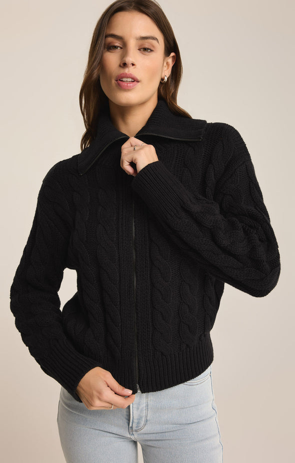 z supply hemingway cable cardigan black collared long sleeve zip front midweight cable knit chunky cardigan