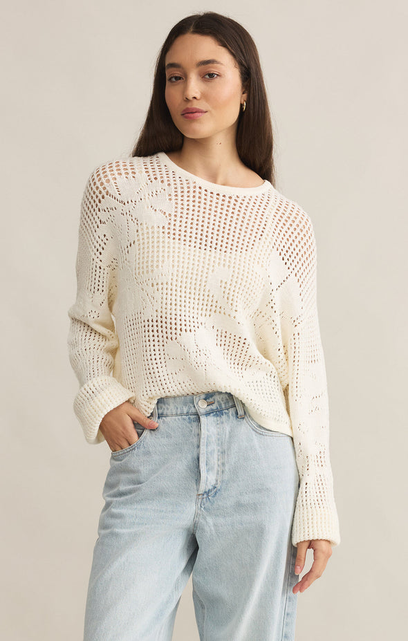 z supply yael sweater crewneck relaxed fit cropped open crochet knit sea salt cream
