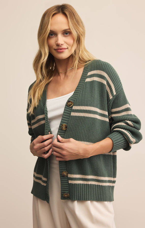 z supply boyfriend striped cardigan hunter green long sleeve button front cotton multi stripe sweater