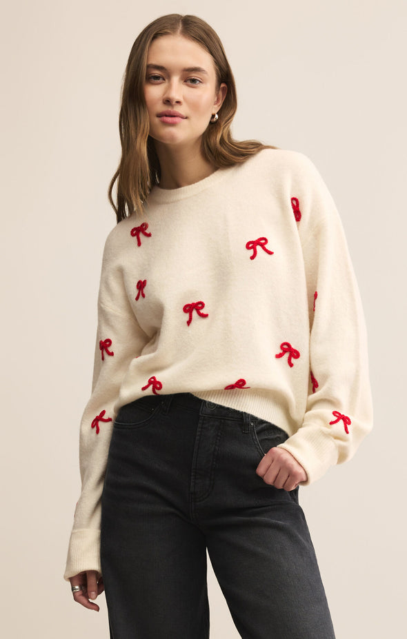 z supply tie the ribbon sweater warm white red bow detail sweater