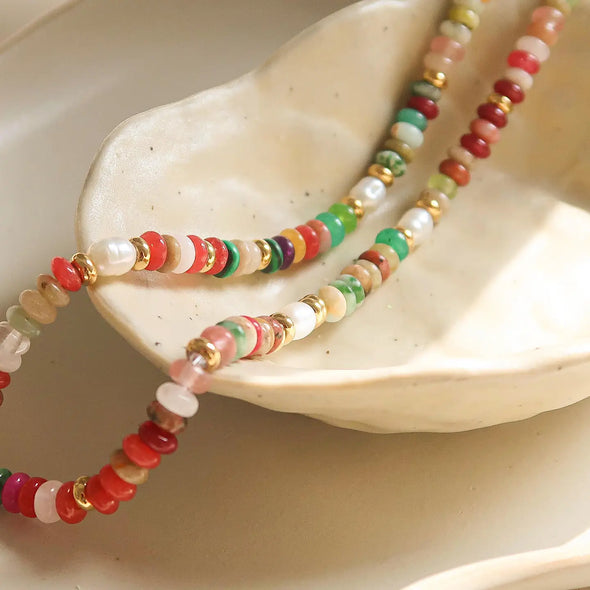 multi colored boho beaded necklace simple gold details
