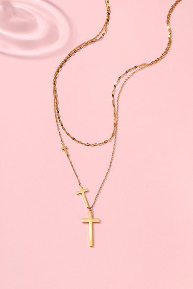 18k gold plated layered dainty cross necklace