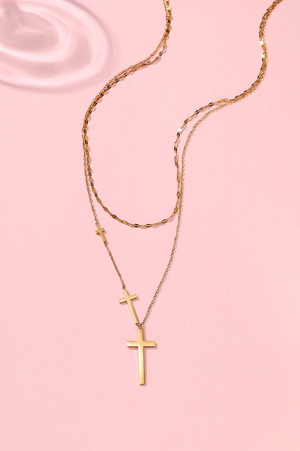 18k gold plated layered dainty cross necklace