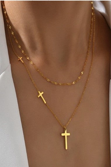 18k gold plated layered dainty cross necklace