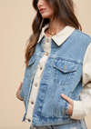 anniewear color block denim jacket relaxed fit stretch denim cream medium denim combo