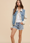 anniewear color block denim jacket relaxed fit stretch denim cream medium denim combo