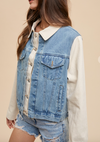 anniewear color block denim jacket relaxed fit stretch denim cream medium denim combo