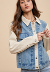 anniewear color block denim jacket relaxed fit stretch denim cream medium denim combo