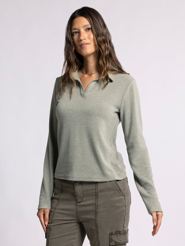 alaine top thread & supply super soft collared knit top light olive