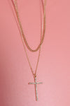 double layer rhinestone cross necklace gold