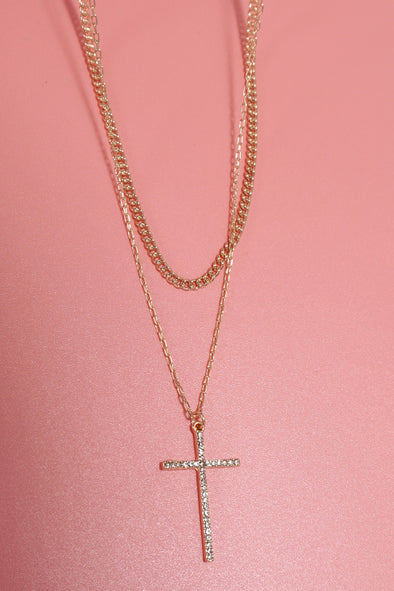 double layer rhinestone cross necklace gold