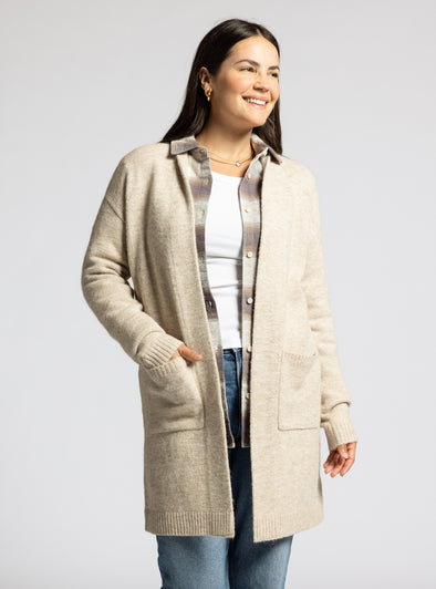 avani cardigan thread & supply heather beige longline basic cardigan midweight ribbed details pockets