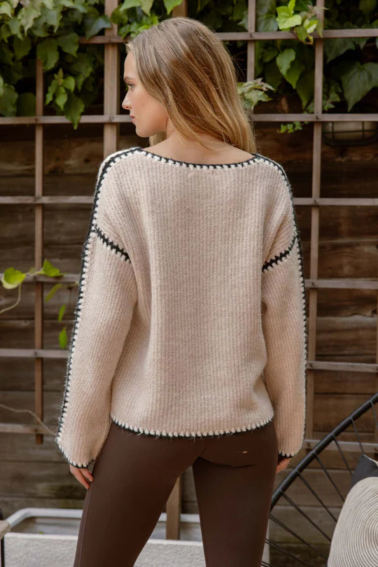 blu pepper CONTRAST STITCHLONG SLEEVE KNIT SWEATER crew neckline relaxed fit oatmeal beige