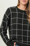 blu pepper GRID PRINT CREWNECK KNIT PULLOVER SWEATER relaxed fit ribbed details black