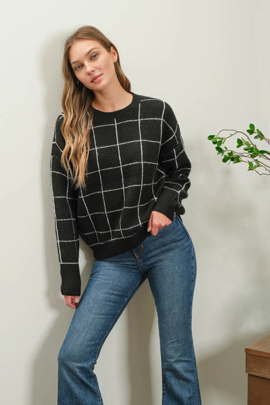 blu pepper GRID PRINT CREWNECK KNIT PULLOVER SWEATER relaxed fit ribbed details black