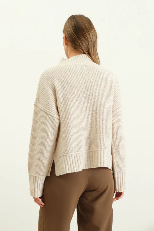 blu pepper MOCK NECK SPLIT HEM KNIT PULLOVER SWEATER textured oatmeal ribbed details exposed seams relaxed fit