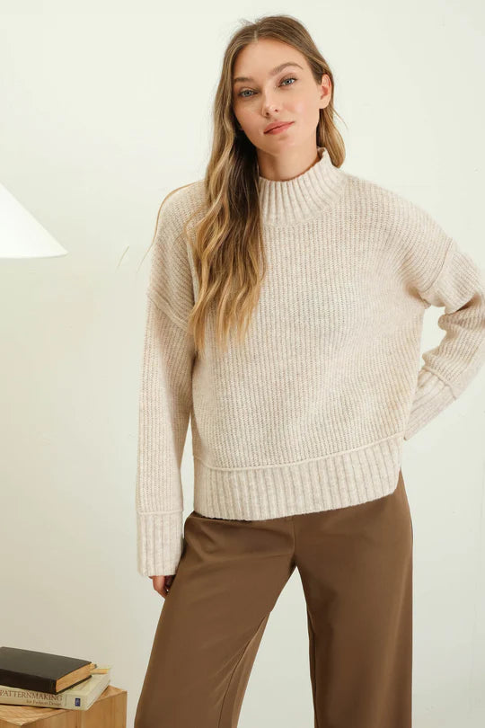 blu pepper MOCK NECK SPLIT HEM KNIT PULLOVER SWEATER textured oatmeal ribbed details exposed seams relaxed fit