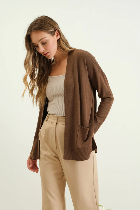 blu pepper basic open front knit long sleeve cardigan sweater brown