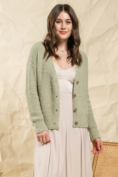 blu pepper chenille cozy button up relaxed fit cardigan sweater sage