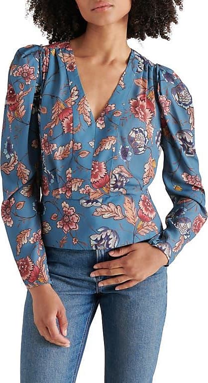 steve madden saige top v-neck floral corset peplum blouse fall winter cadet blue