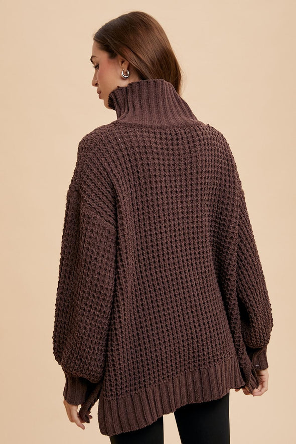 box weave chunky turtleneck chenille sweater balloon sleeve oversized fit side slit mocha chocolate brown