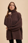 box weave chunky turtleneck chenille sweater balloon sleeve oversized fit side slit mocha chocolate brown