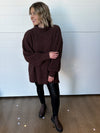 box weave chunky turtleneck chenille sweater balloon sleeve oversized fit side slit mocha chocolate brown