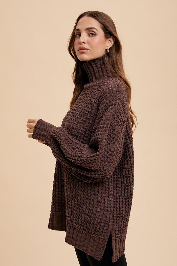 box weave chunky turtleneck chenille sweater balloon sleeve oversized fit side slit mocha chocolate brown