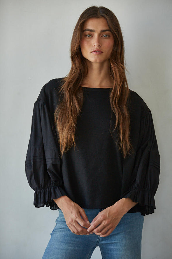 by together robbie puff sleeve top 3/4 puff gathered sleeve round neck balloon sleeve top black