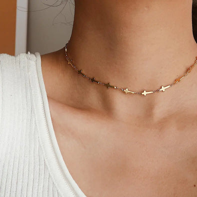 gold cross choker station necklace