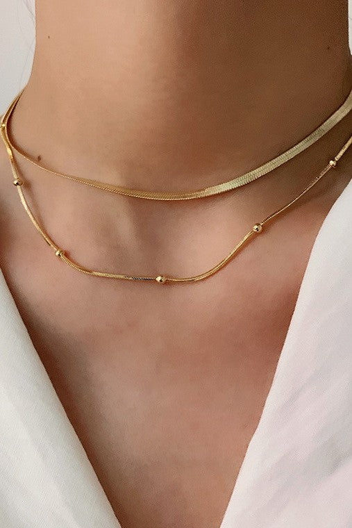 Ciara 18K Gold Plated Layered Herringbone Ball Chain Necklace