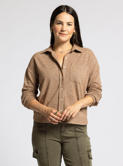 coralie shirt thread & supply chocolate brown white cropped button up top super soft relaxed fit