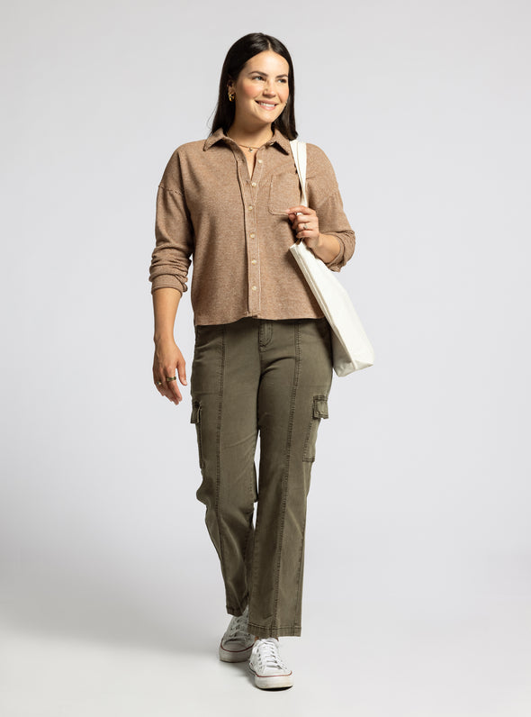 coralie shirt thread & supply chocolate brown white cropped button up top super soft relaxed fit