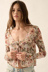 cream multi floral mesh long sleeve tie front blouse bandeau feminine top trendy