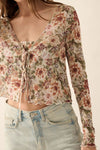 cream multi floral mesh long sleeve tie front blouse bandeau feminine top trendy