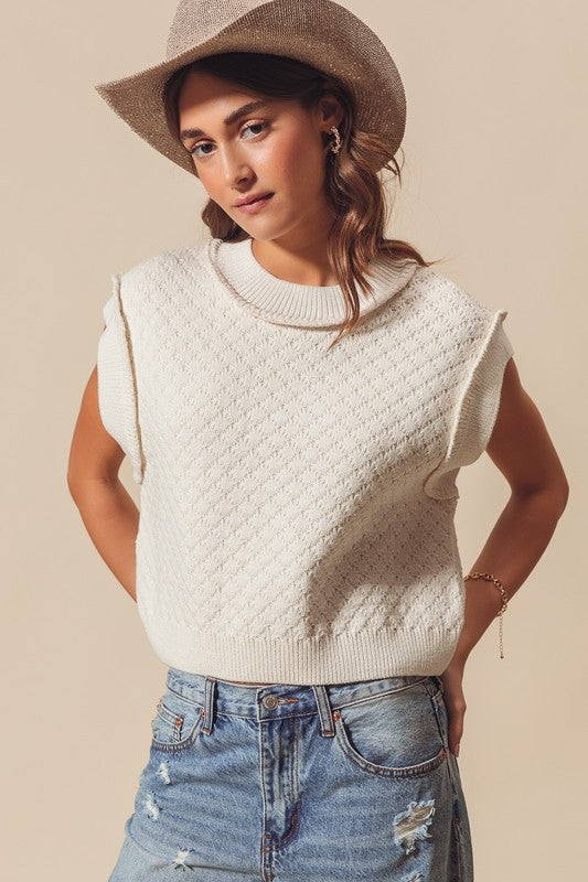 crewneck chunky cable knit loose fit crop sweater vest exposed seams off white ivory