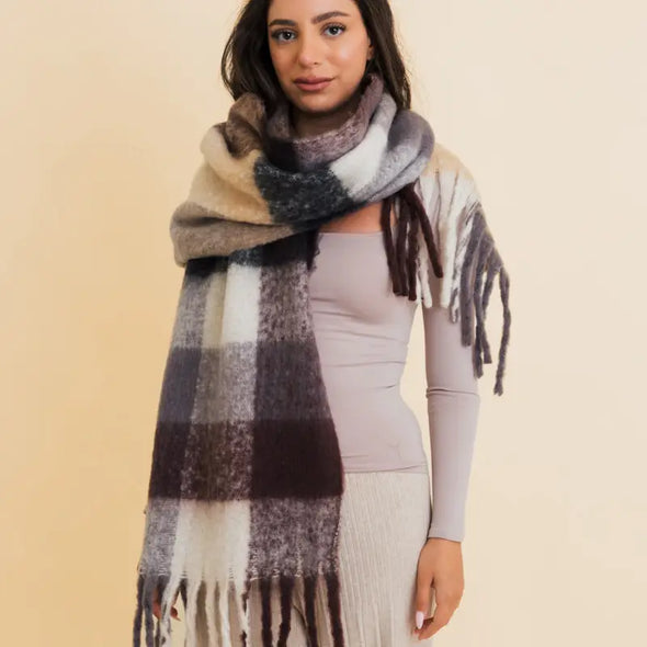 plaid blanket scarf with fringe soft fuzzy