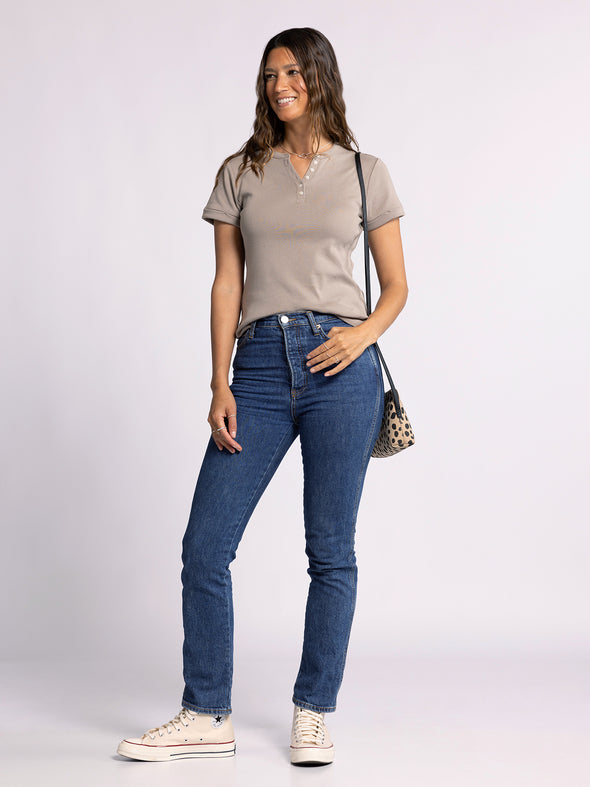 diane top thread & supply cedar short sleeve ribbed henley top button detail fitted silhouette basic tee