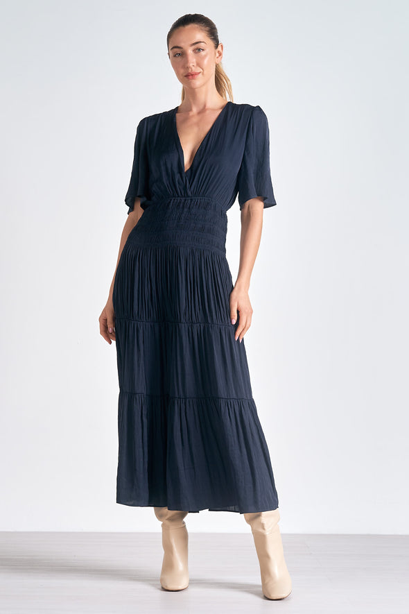 elan short sleeve smocked satin maxi dress tiered skirt navy