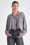 cropped waffle knit button up shacket exposed seams chest pockets dark grey