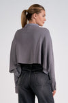 cropped waffle knit button up shacket exposed seams chest pockets dark grey