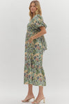 entro floral print short bubble sleeve tiered bow back midi dress olive