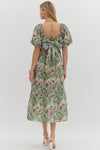 entro floral print short bubble sleeve tiered bow back midi dress olive
