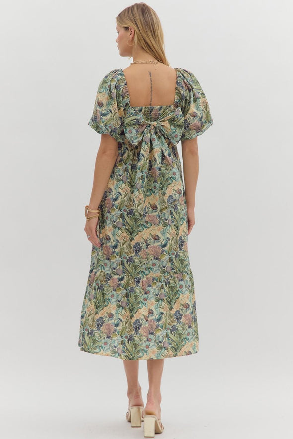entro floral print short bubble sleeve tiered bow back midi dress olive