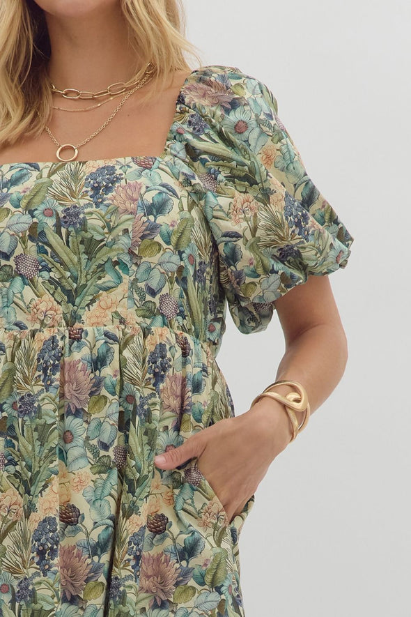 entro floral print short bubble sleeve tiered bow back midi dress olive