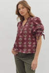 entro floral print split neckline ruffle bow detail fall blouse burgundy