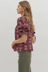 entro floral print split neckline ruffle bow detail fall blouse burgundy