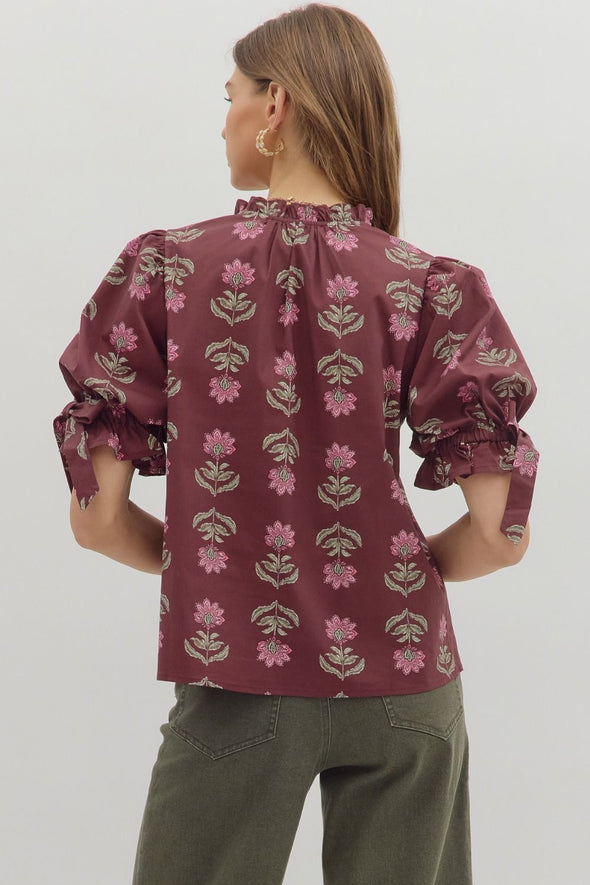 entro floral print split neckline ruffle bow detail fall blouse burgundy